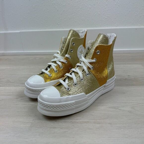 Converse Chuck 70 Plus Glitter High Top Sneaker Shoes Womens 7.5 Gold A08176C - Picture 2 of 8